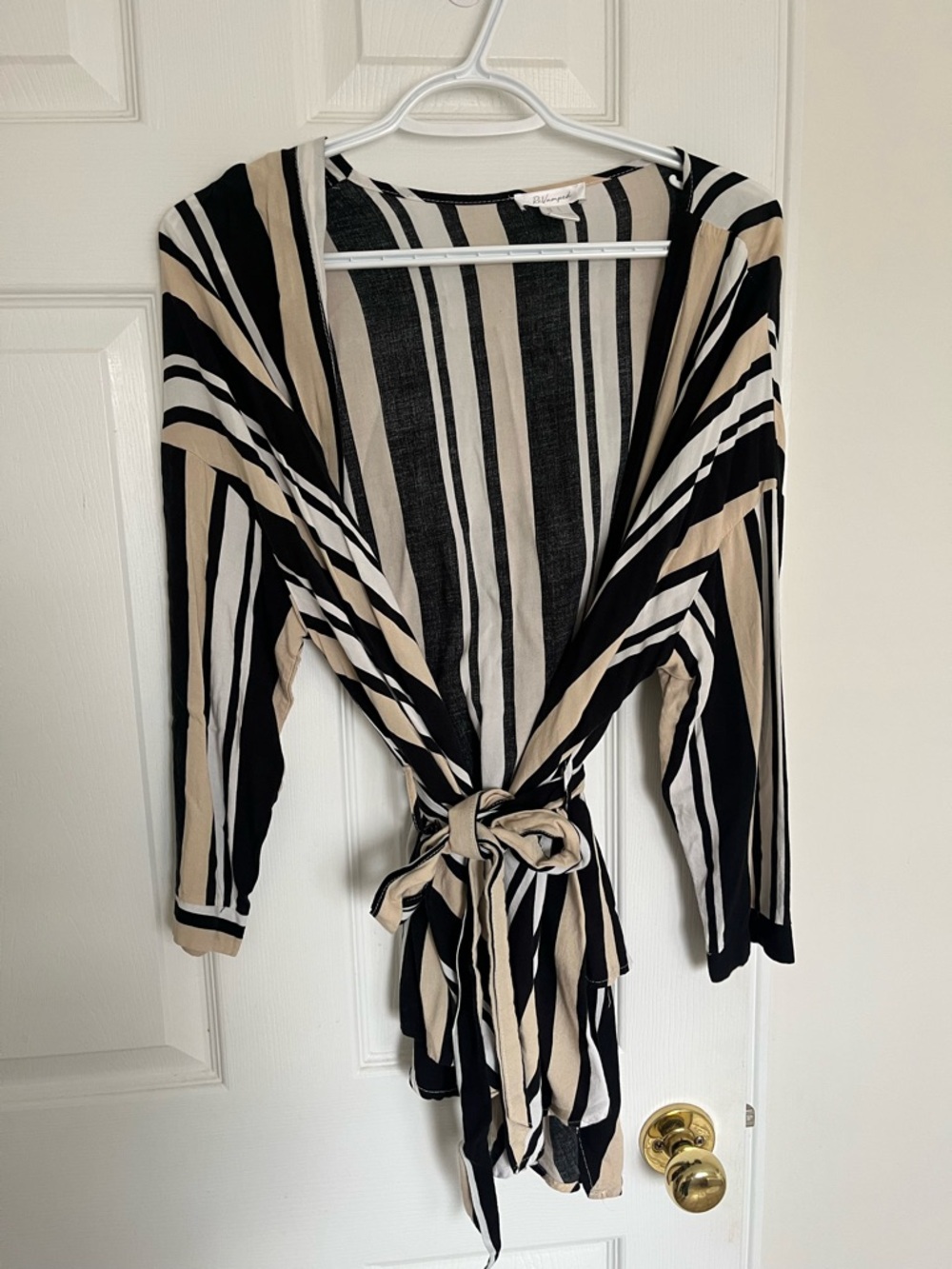 Striped Tie-Front Shawl - Black, Cream, White